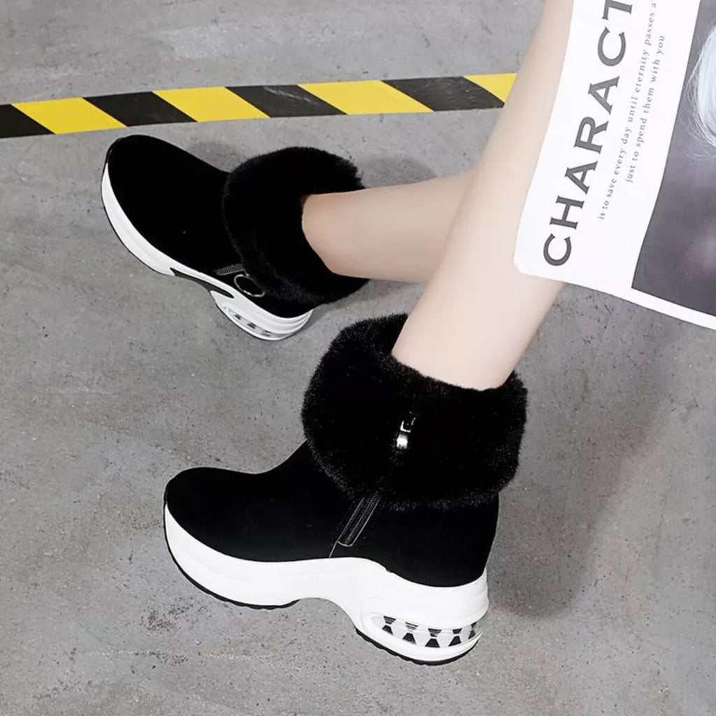 Fuzzy Side Zipper Platform Ankle Boots in Black for Women