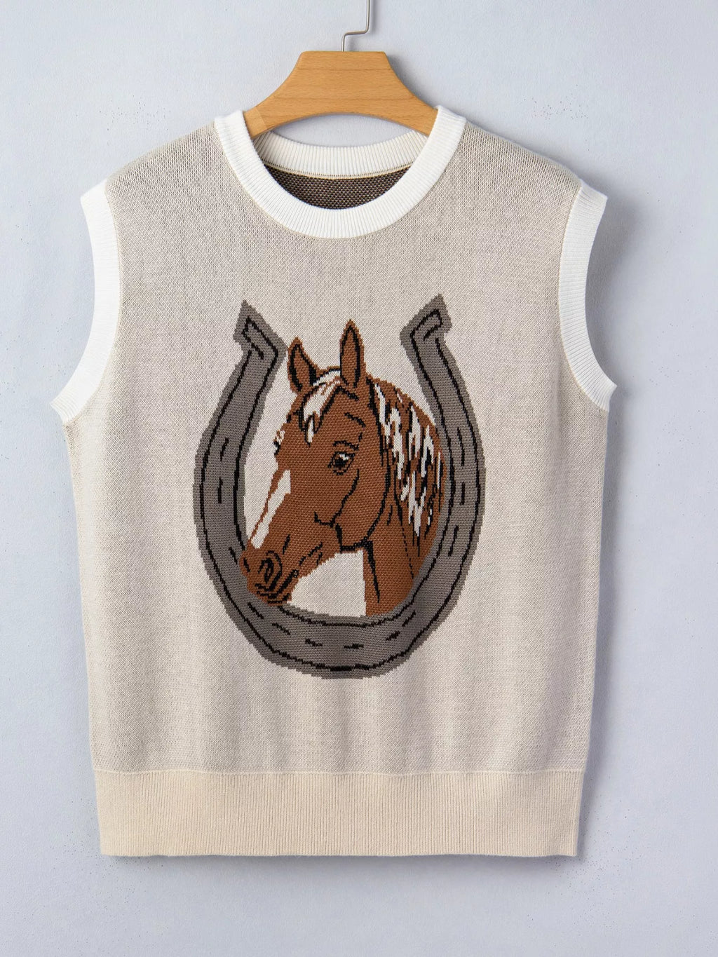 Horse Shoe Print Color Block Trim Round Neck Sleeveless Sweater for Women