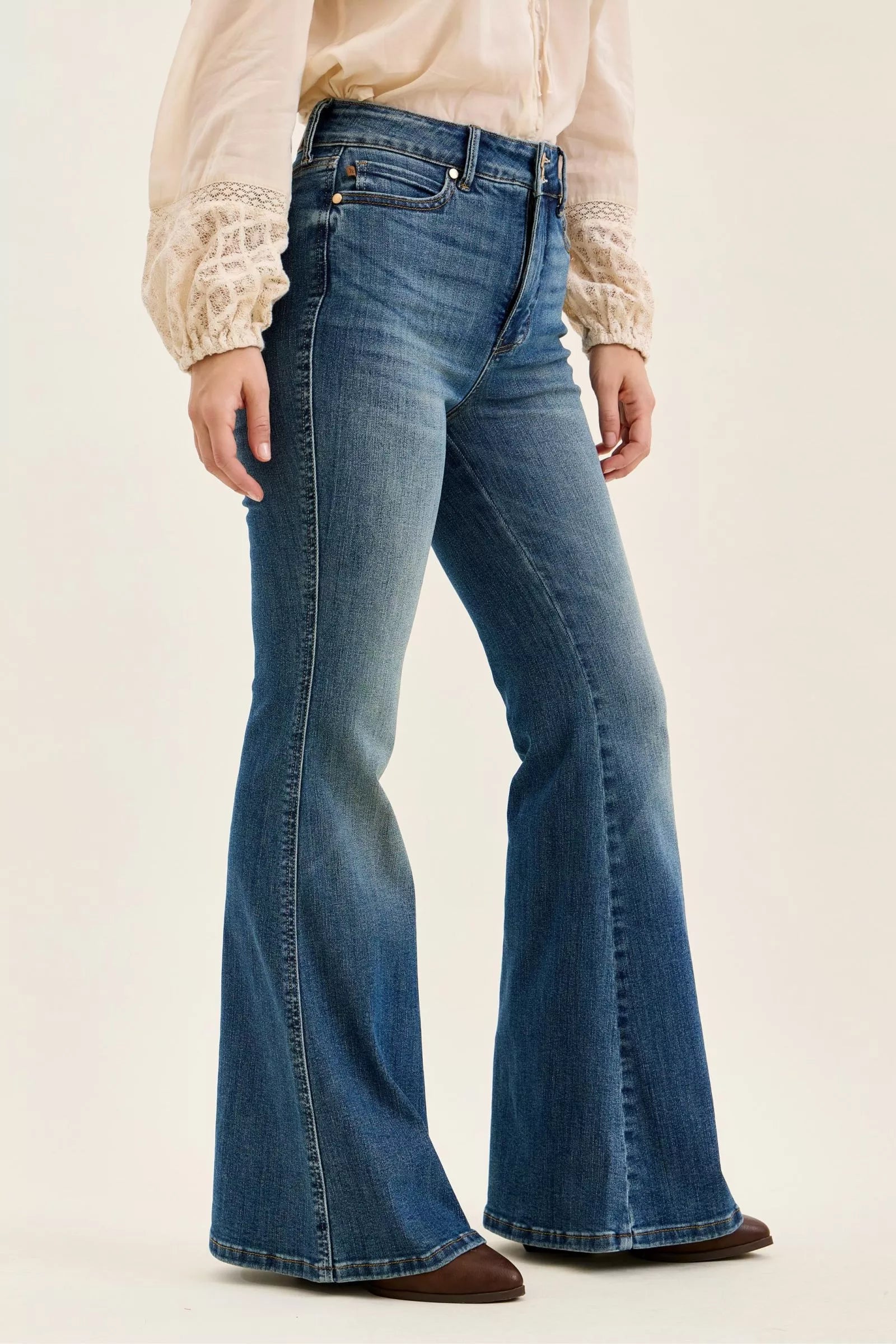 High Waist Double Button Tummy Control Flare Jeans in Dark for Women