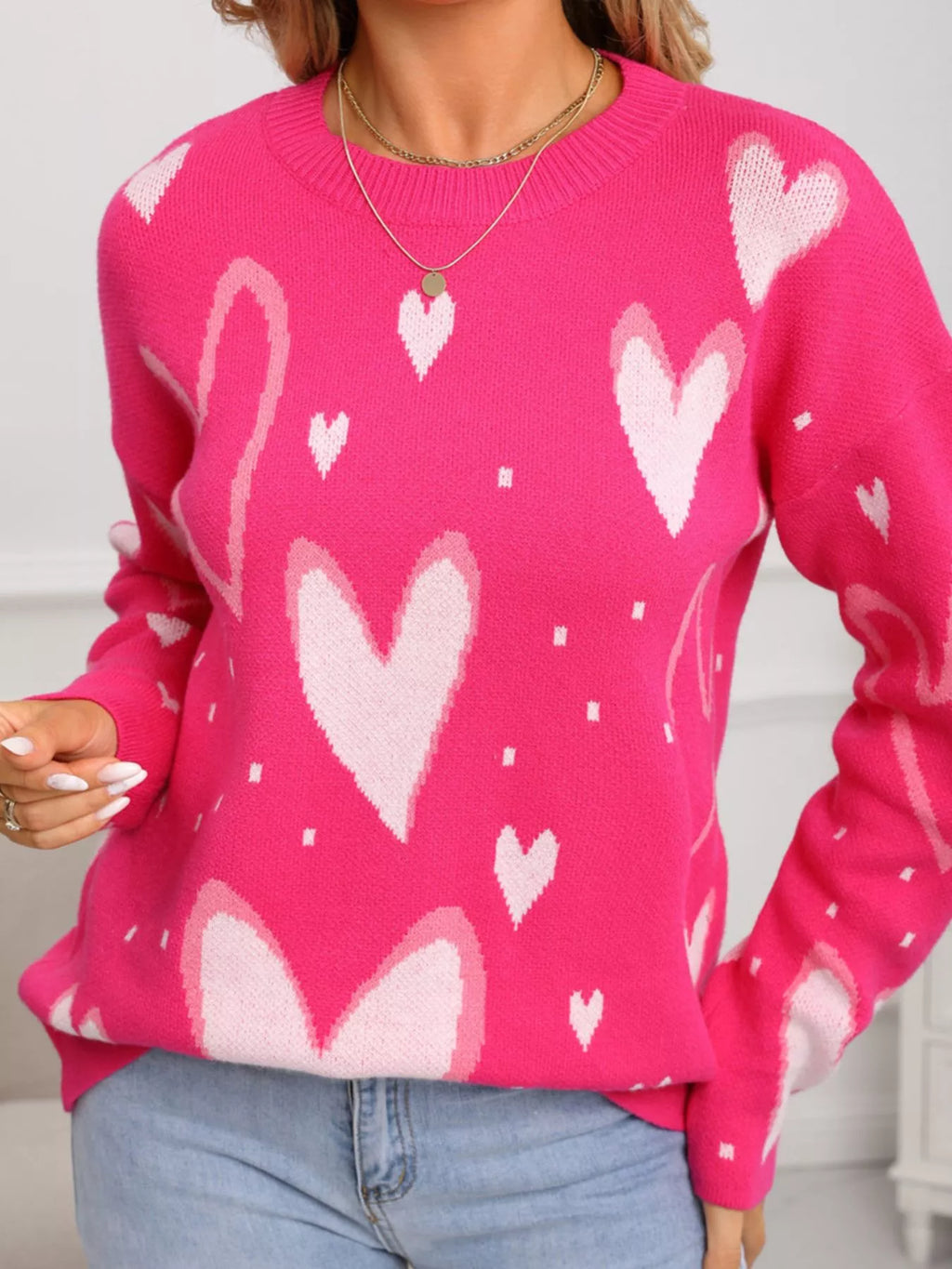 Valentines Day Heart Crew Neck Sweater in Rose Red for Women