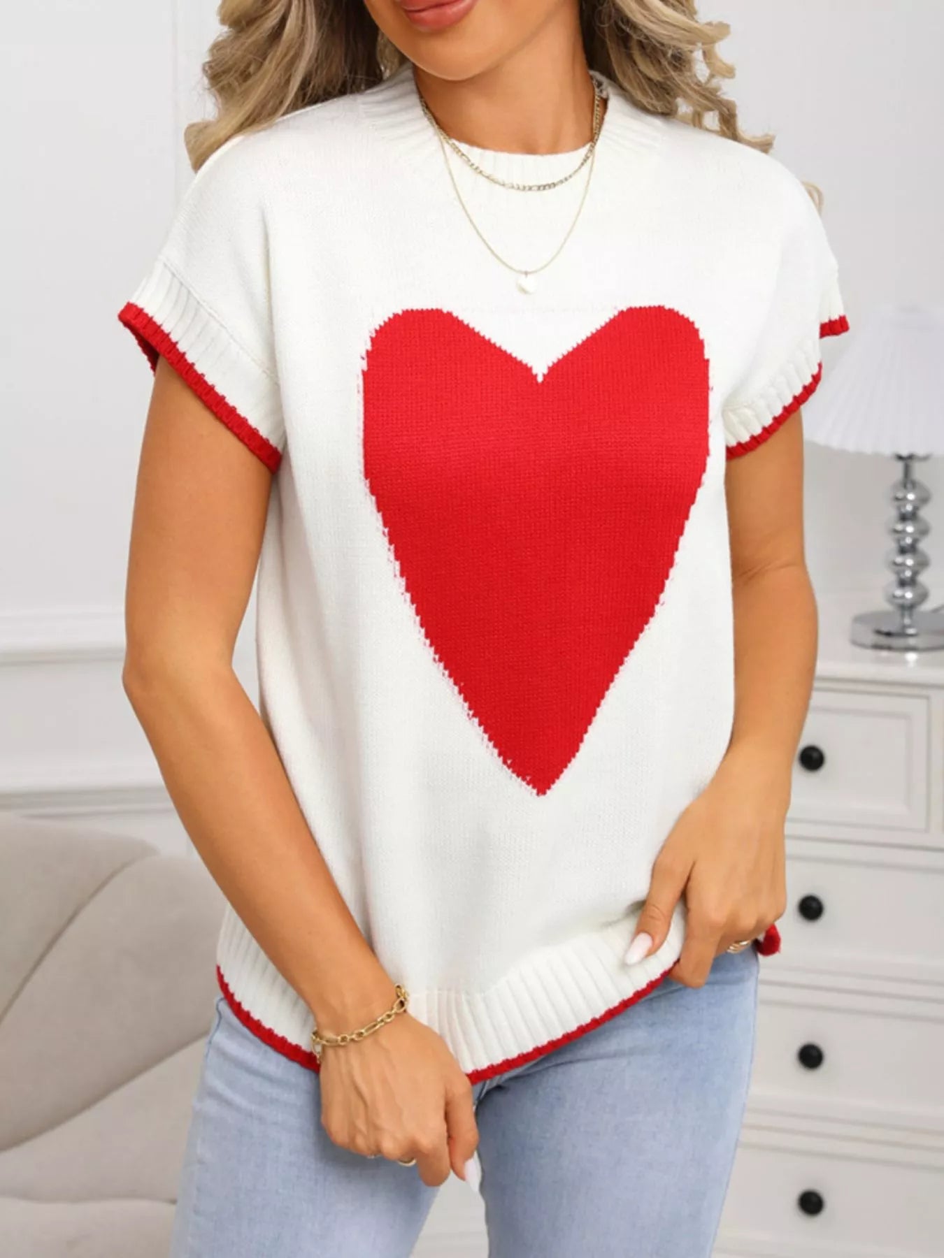 Valentines Day Heart Graphic Short Sleeve Sweater in White for Women
