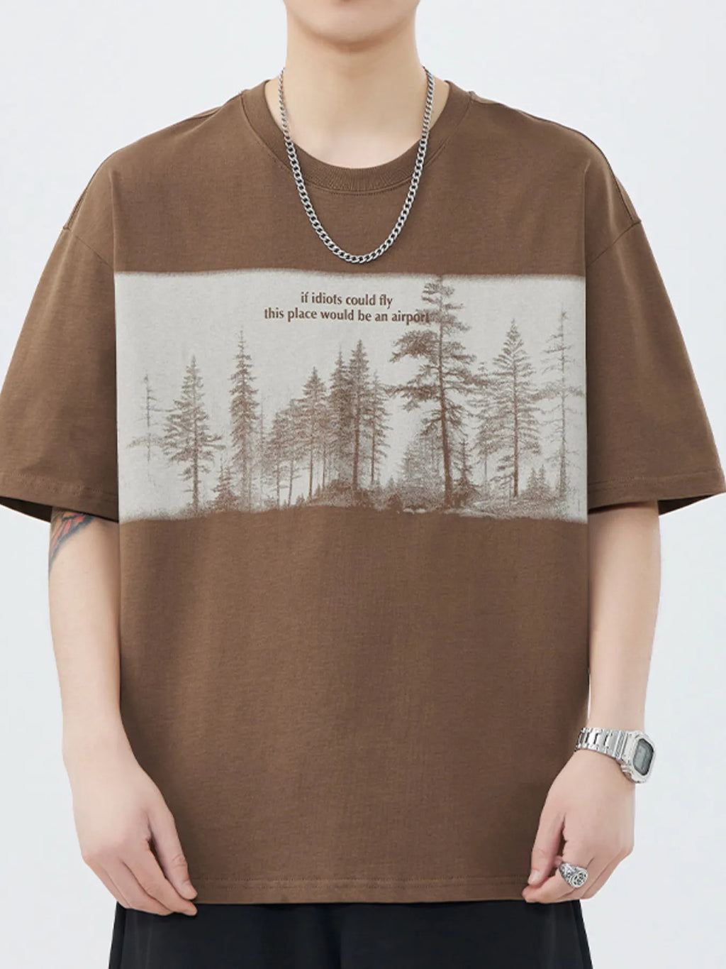 Plus Size Graphic Round Neck Half Sleeve T-Shirt in Coffee Color for Men