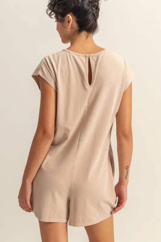 Round Neck Cap Sleeve Relaxed Fit Breezy Romper in Tan for Women