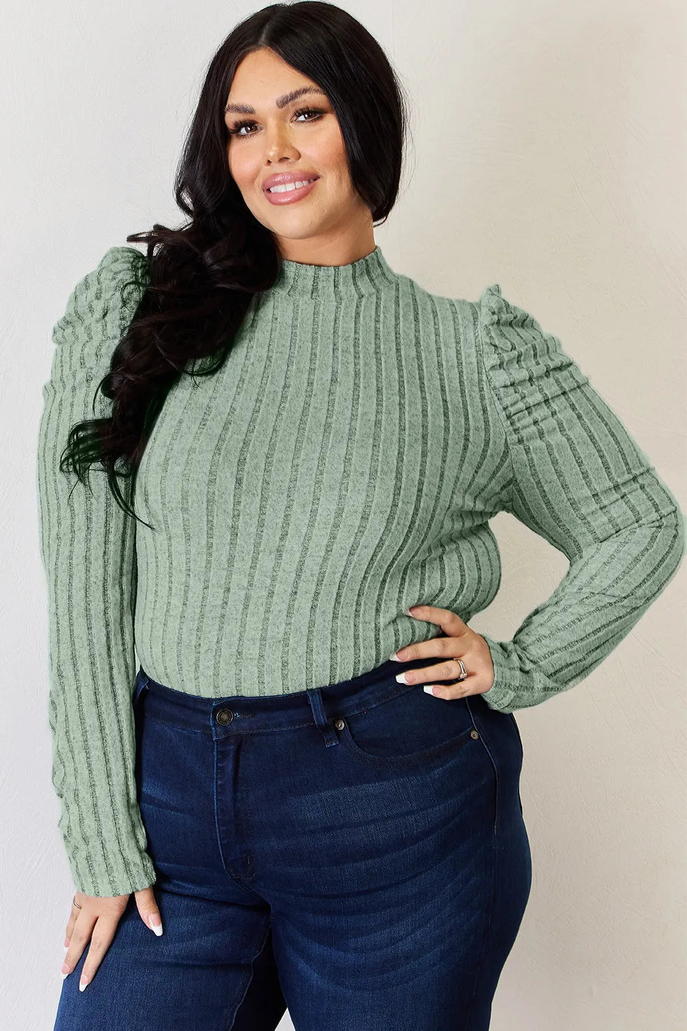 Plus Size Ribbed Mock Neck Puff Sleeve T-Shirt in Khaki for Women