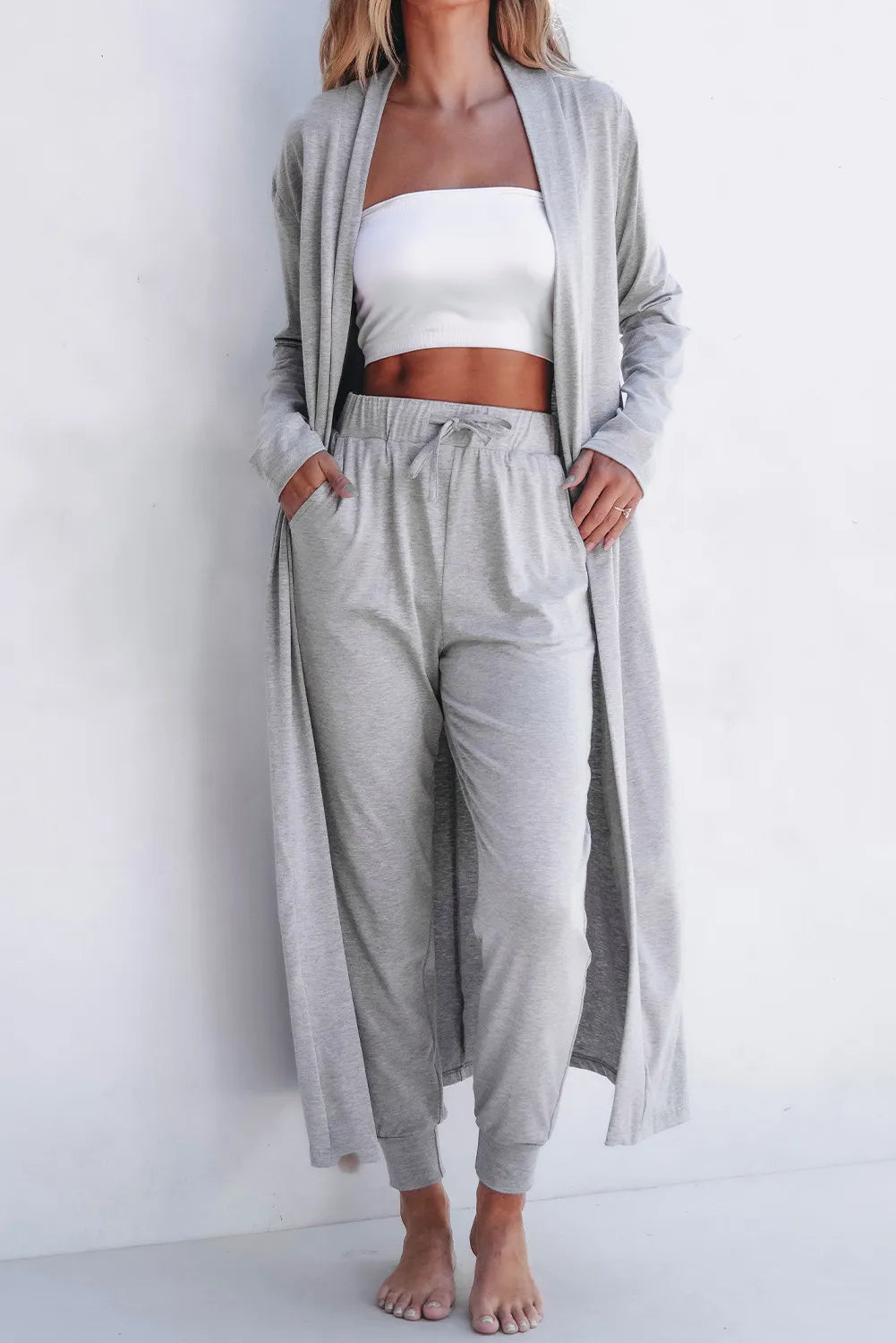 Open Front Long Sleeve Cardigan and Pants Lounge Set in Gray for Women
