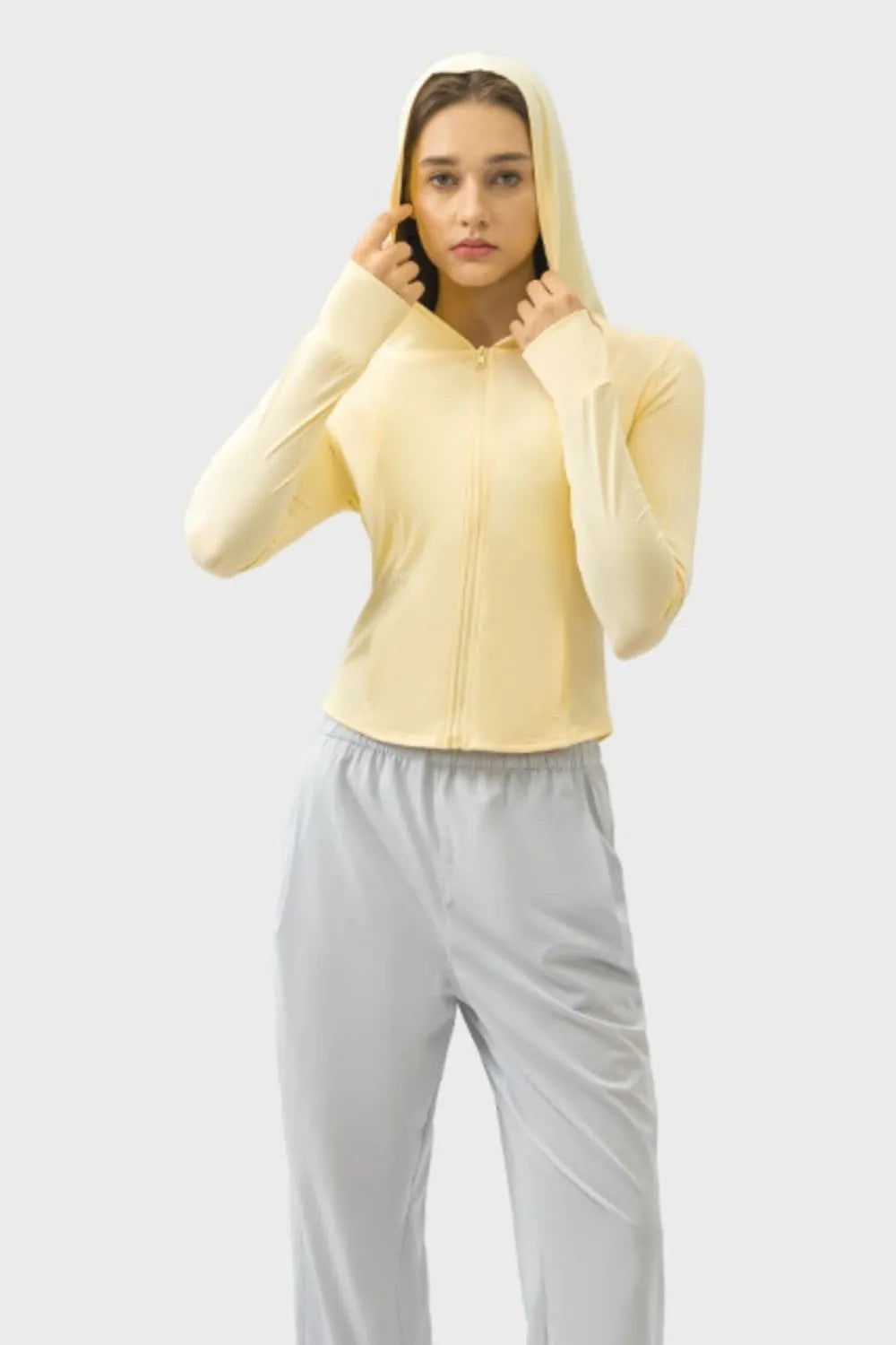 Pocketed Zip Up Hooded Long Sleeve Active Outerwear in Light Yellow for Women