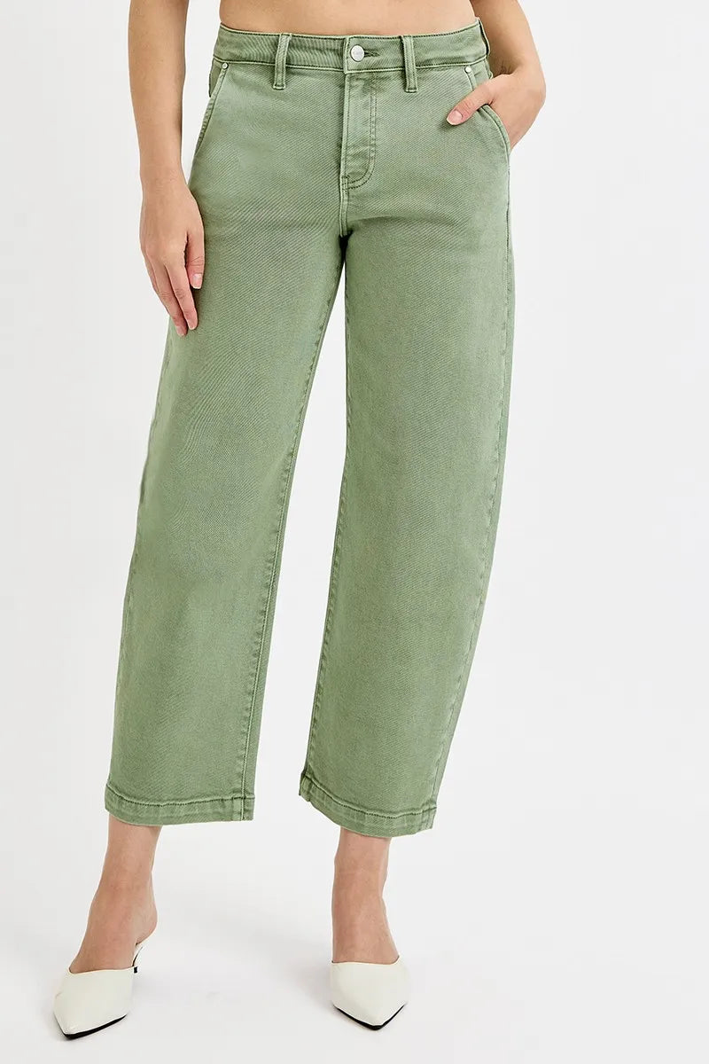 Tummy Control High Rise Crop Barrel Jeans Plus Size in Olive for Women