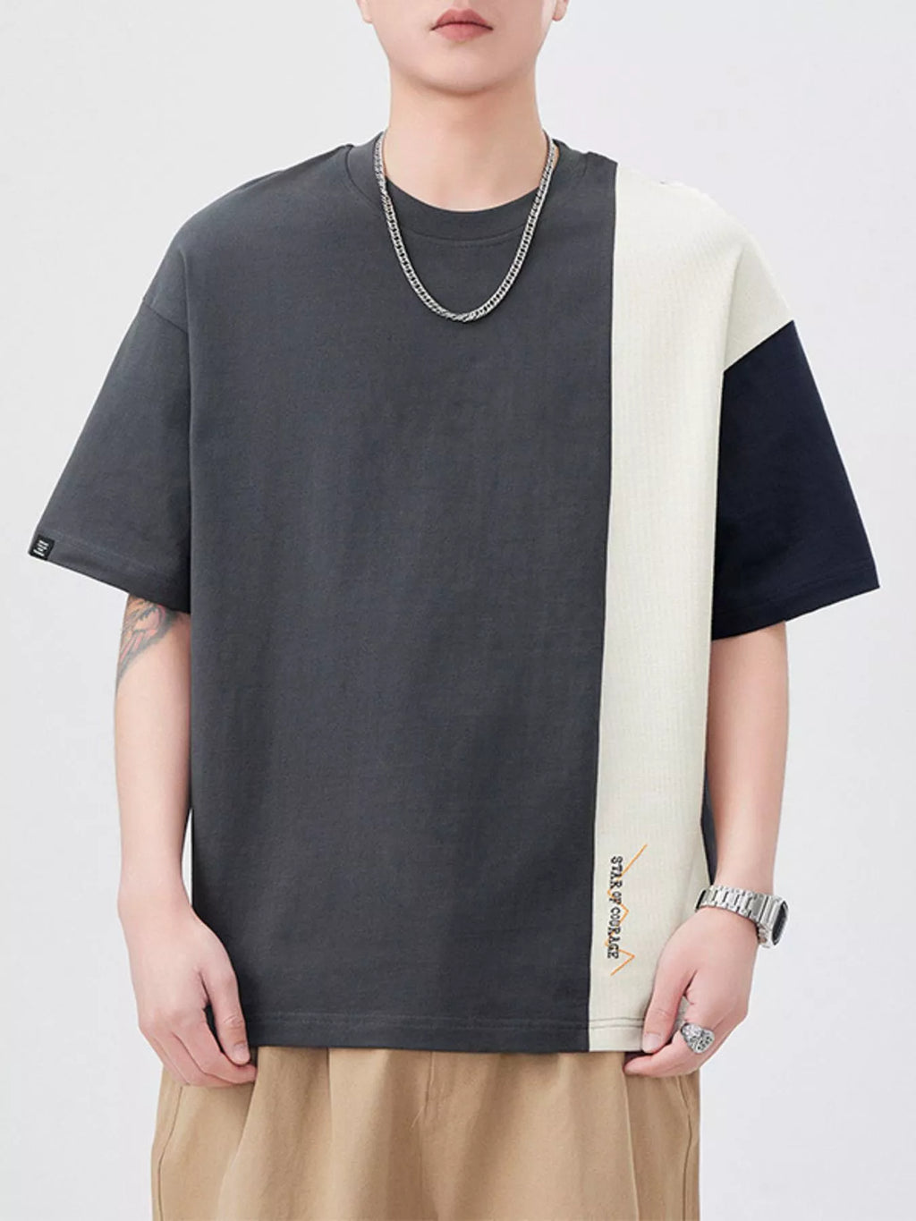 Plus Size Color Block Casual T-Shirt in Coffee Brown for Men