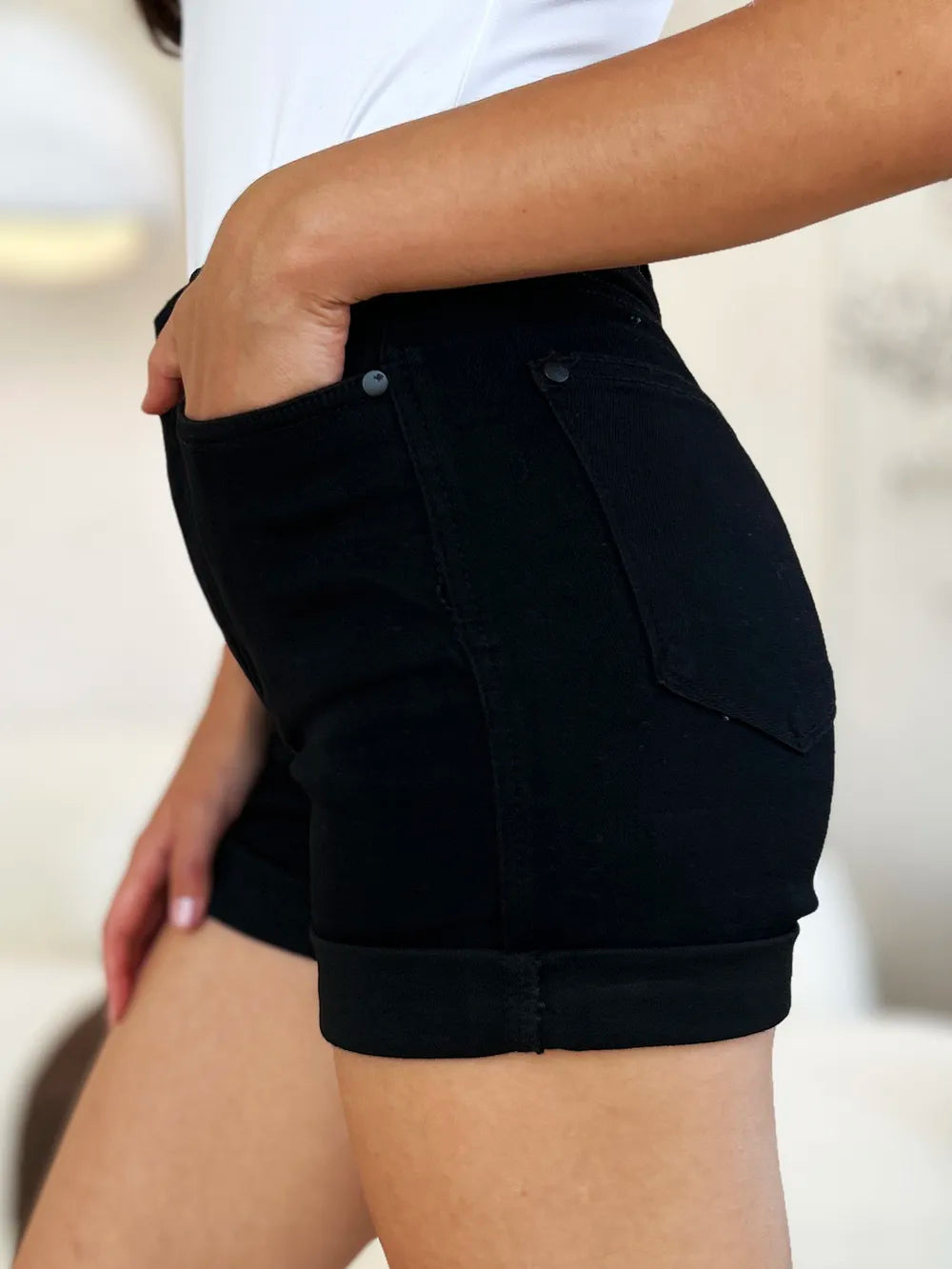 Plus Size High Waist Tummy Control Cuffed Denim Shorts in Black for Women