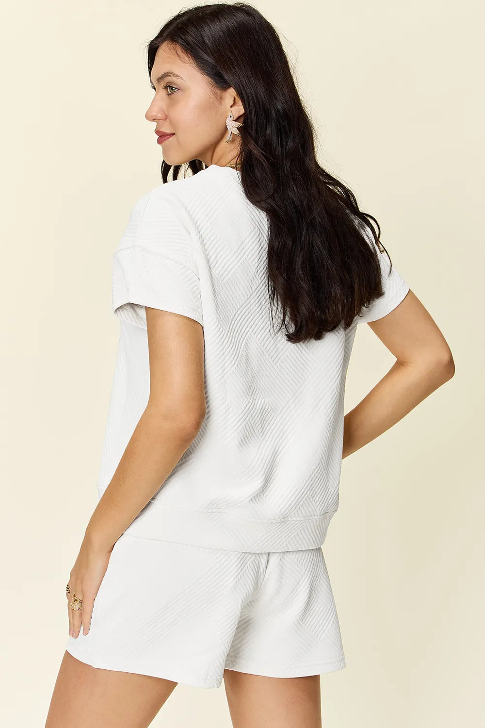 Plus Size Texture Short Sleeve T-Shirt and Drawstring Shorts Set in Mocha in White for Women