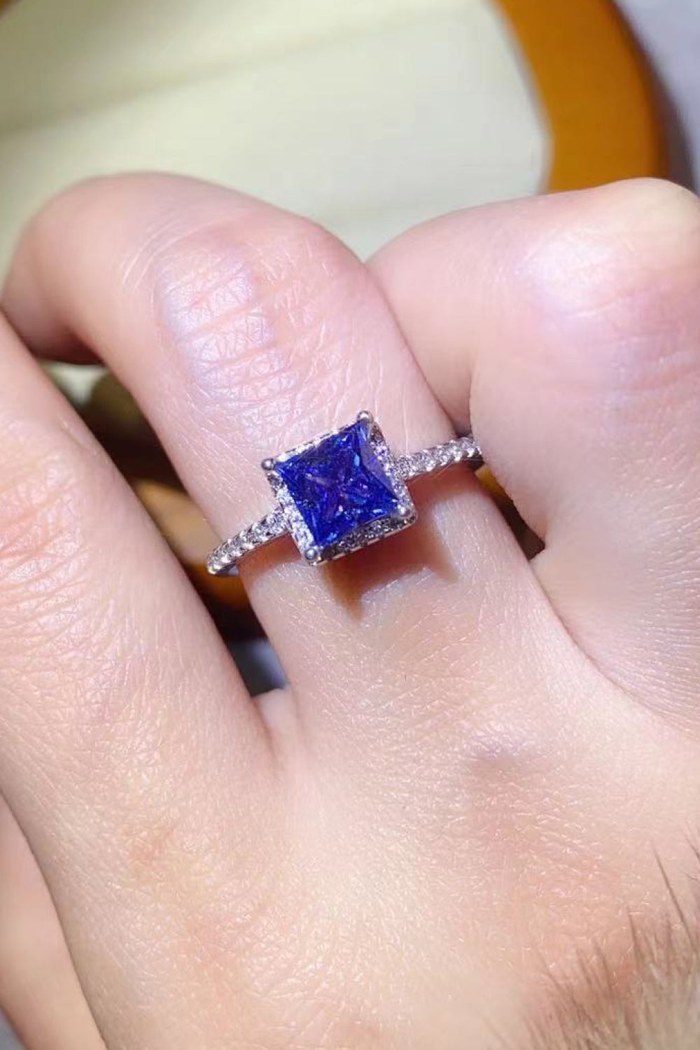 1 Carat Moissanite 925 Sterling Silver Square Ring in Blue for Women