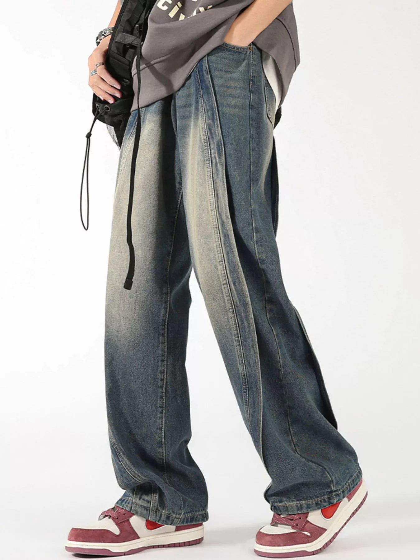 Plus Size Vintage Wash Wide Leg Jeans in Black for Men
