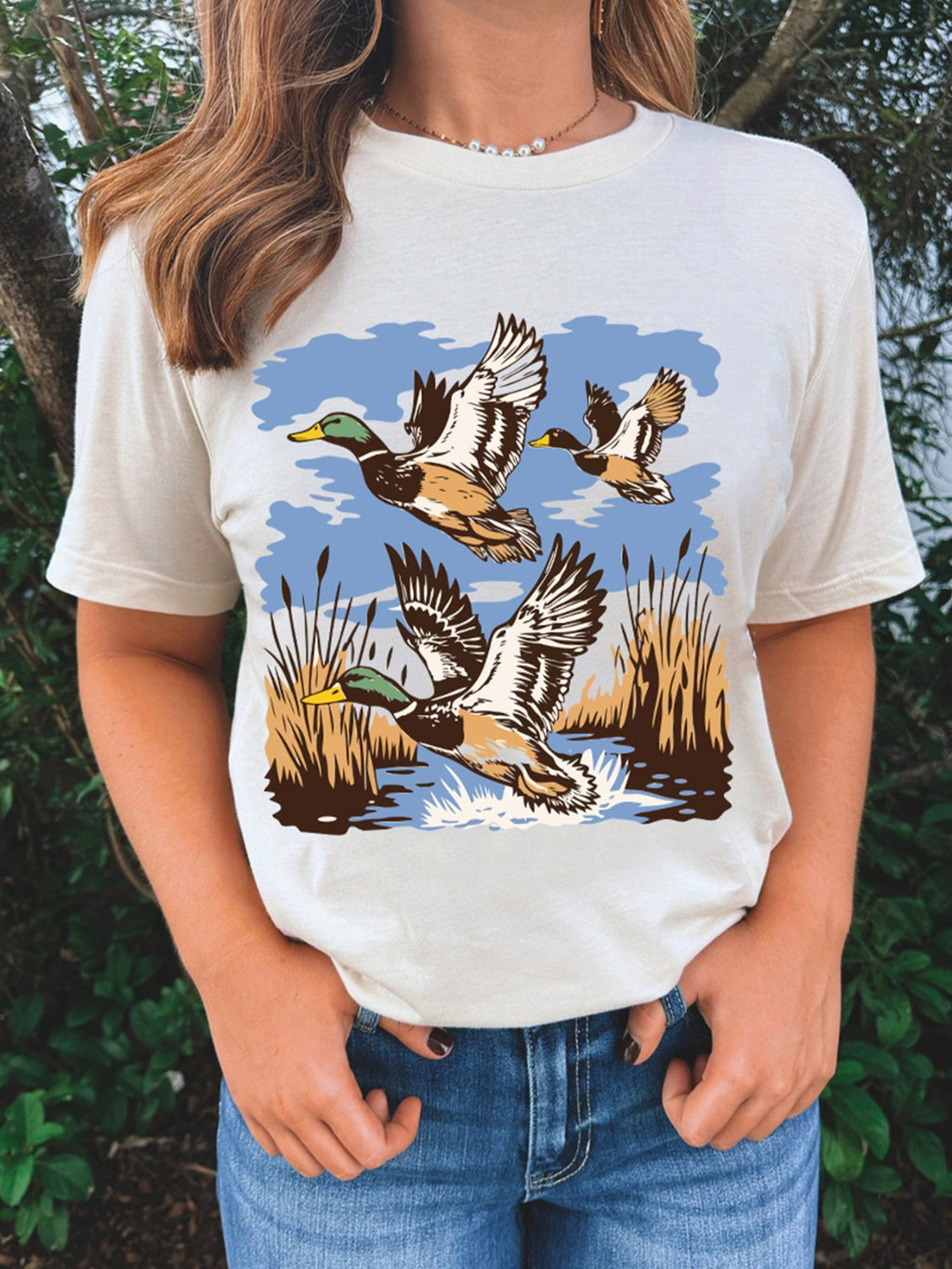 Wild Duck Graphic Round Neck Tee in White for Women