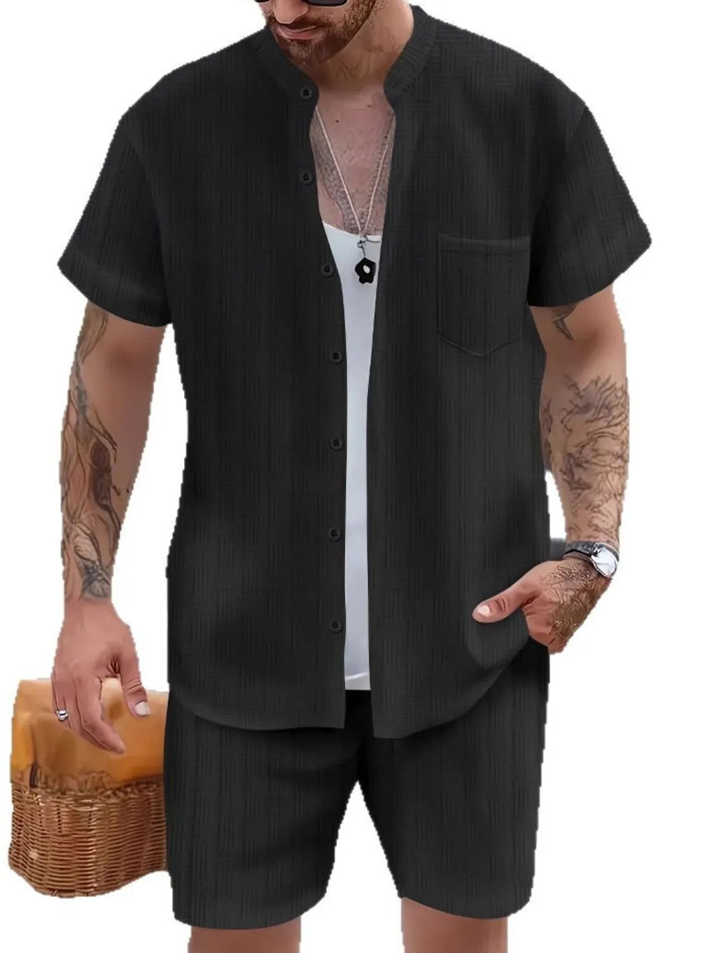 Button Up Short Sleeve Shirt and Shorts Set in Classic in Pastel Blue for Men
