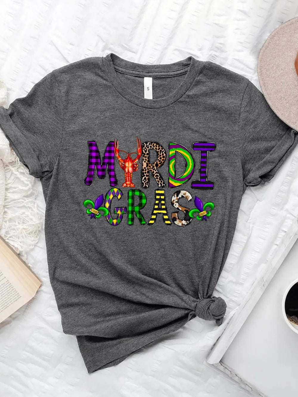 Mardi Gras Round Neck Short Sleeve T-Shirt in Black for Women