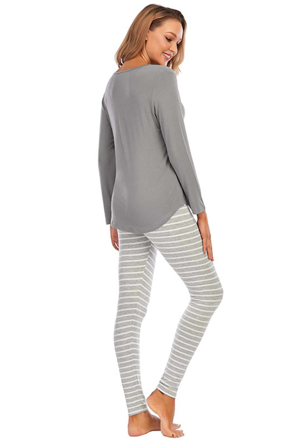 Graphic Round Neck Top and Striped Pants Set in Charcoal for Women