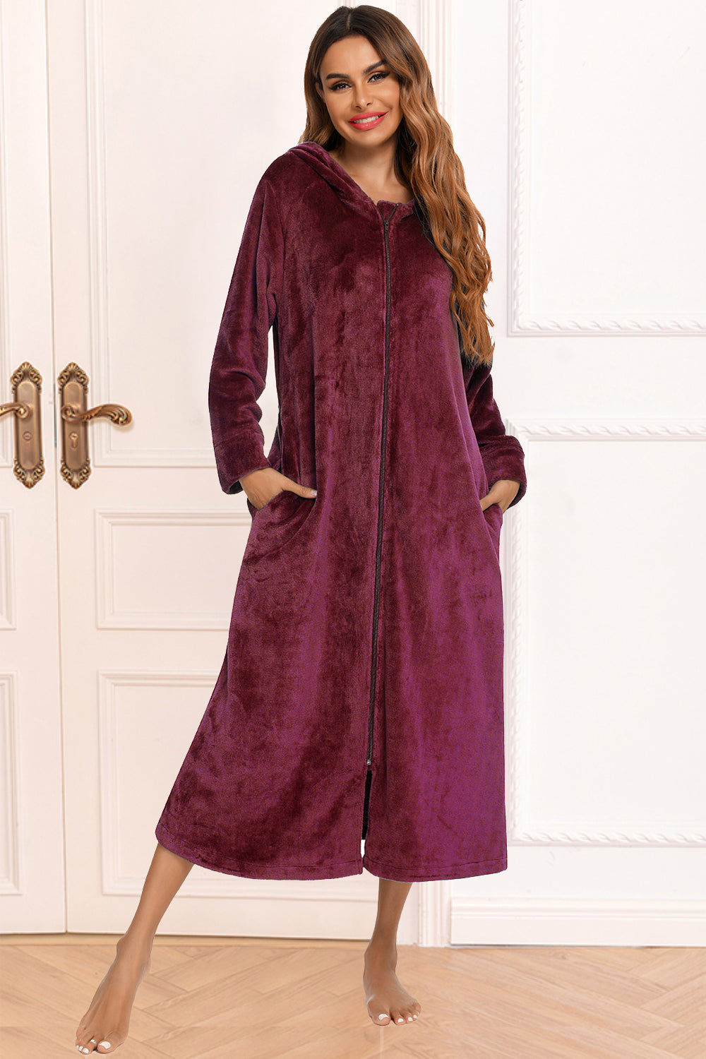 Zip Front Hooded Night Dress with Pockets in Black in Charcoal for Women