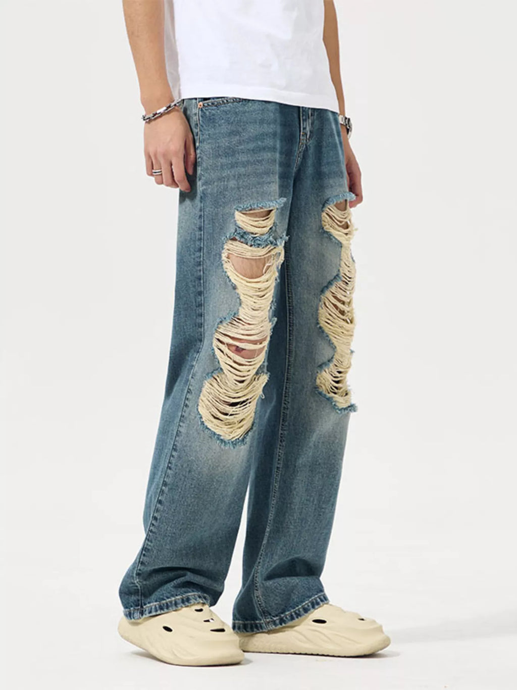 Distressed Wide Leg Jeans Plus Size in Blue for Men