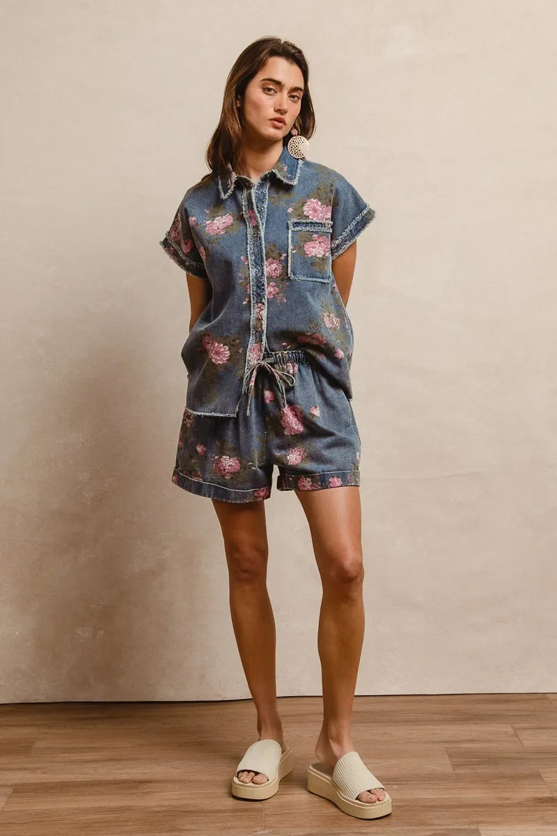 Floral Printed Denim Short Pants with Pocket for Women