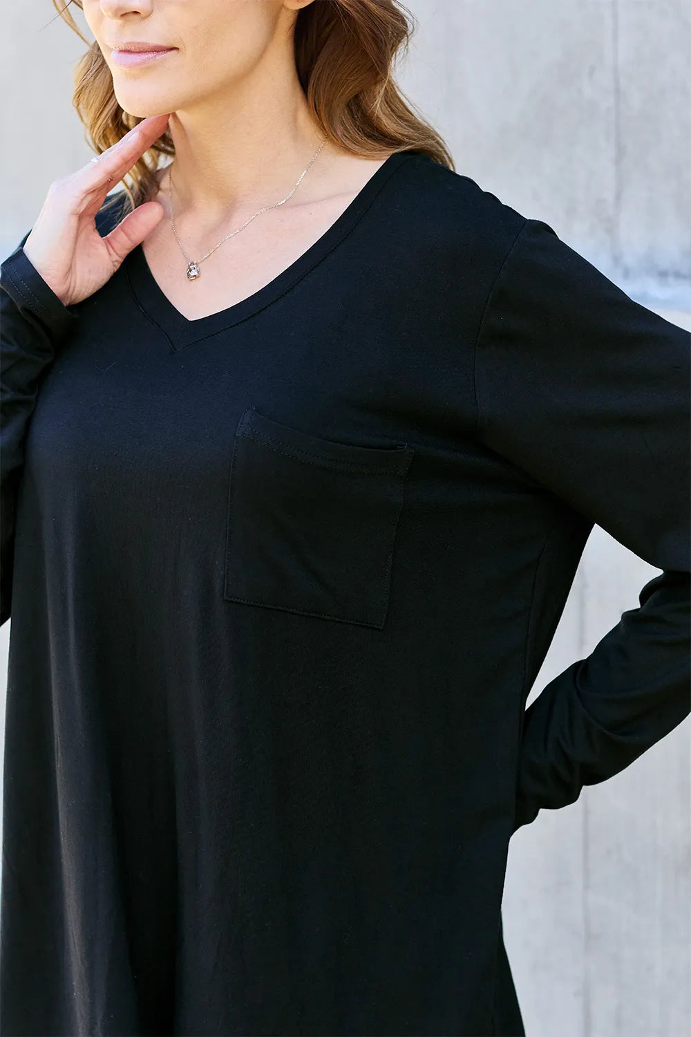 Plus Size V-Neck Long Sleeve Top in Black for Women