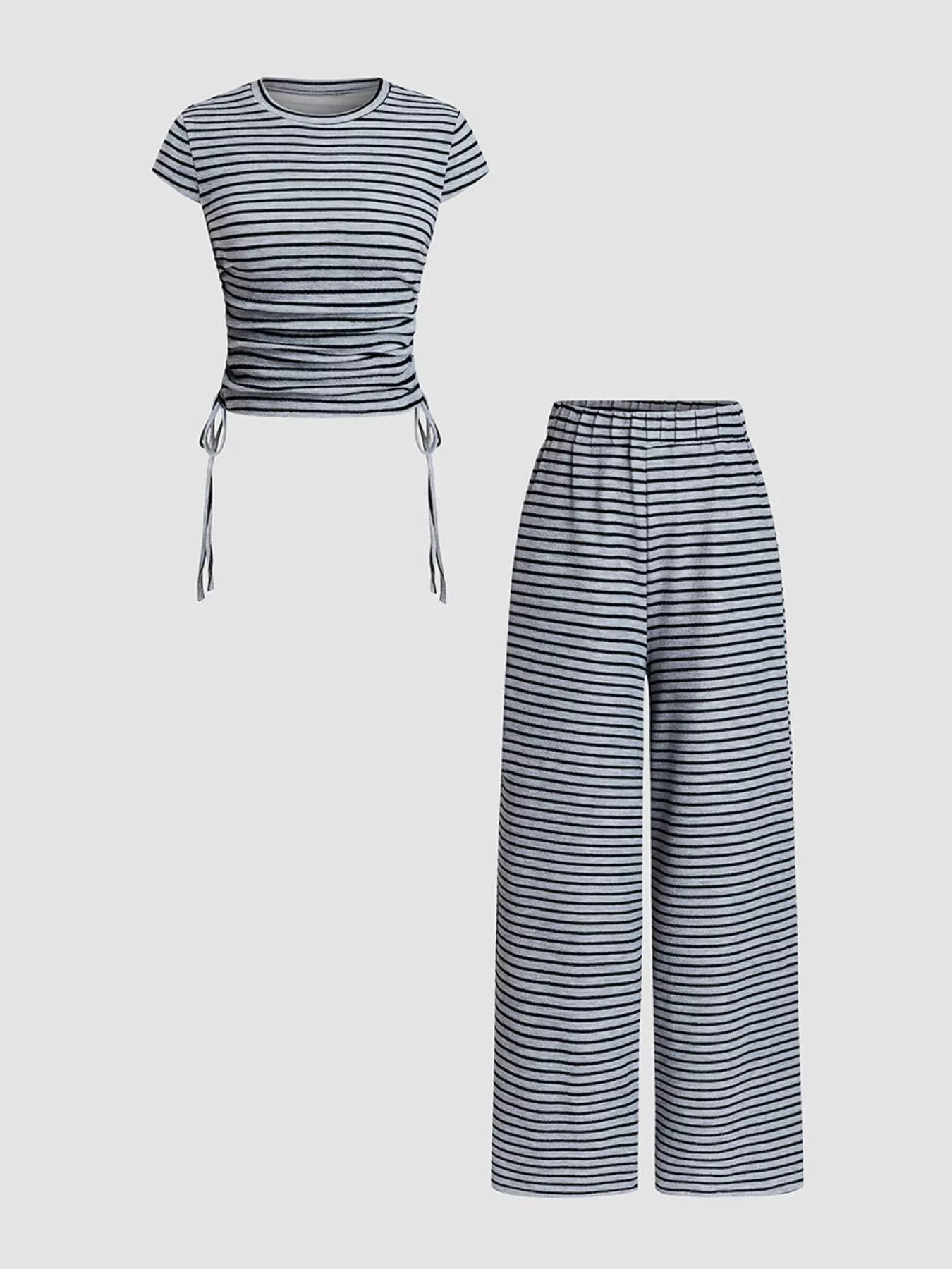 Striped Crop Top and Wide Leg Pants Set in Black for Women