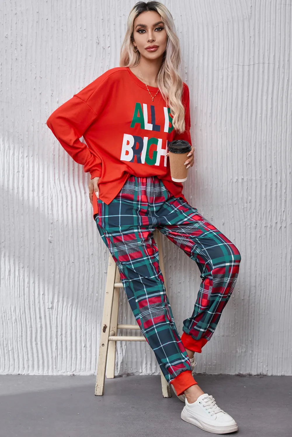 All Is Round Neck Top and Plaid Pants Lounge Set for Women