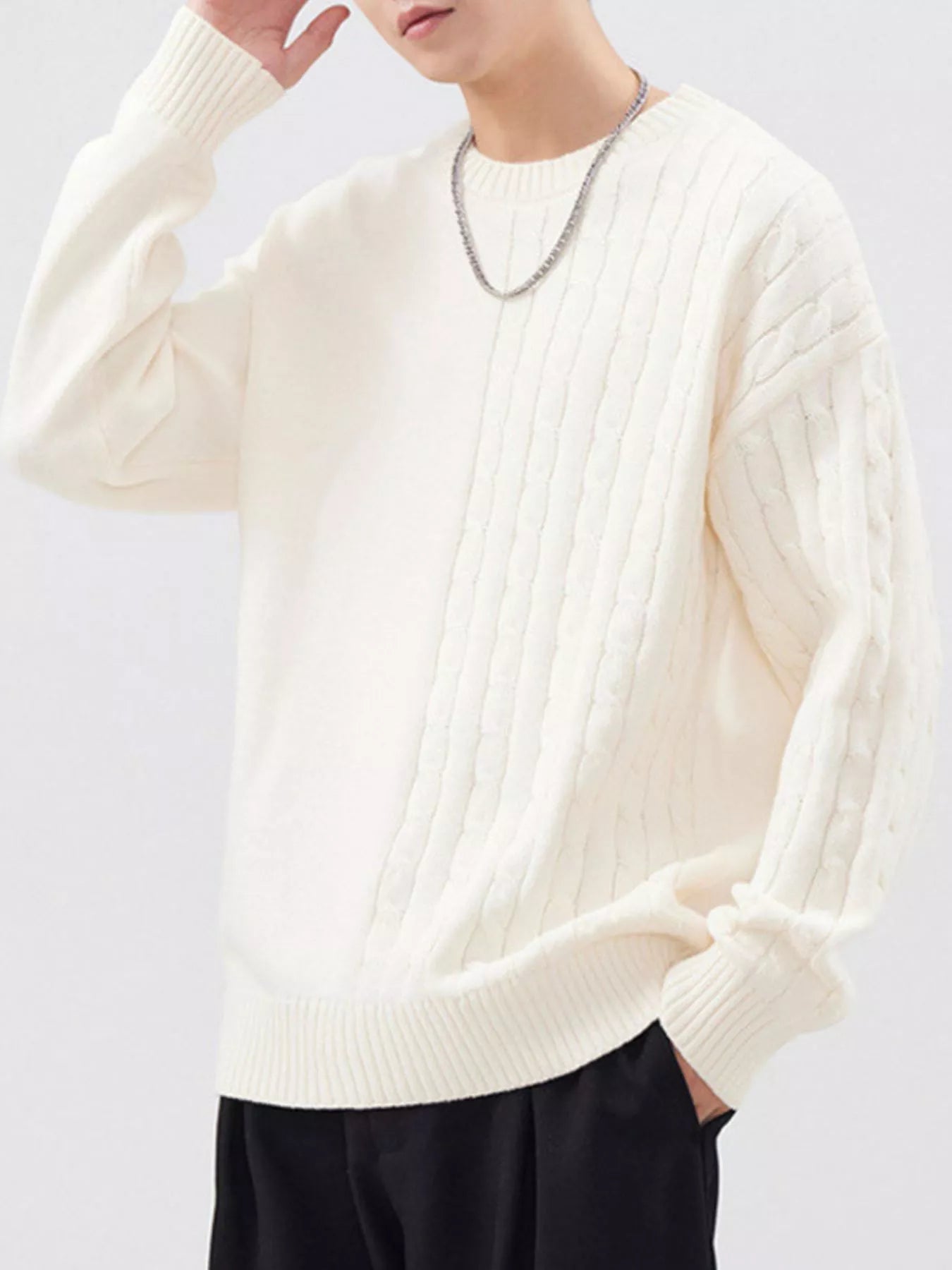 Cable Knit Long Sleeve Sweater Plus Size in Light Apricot for Men
