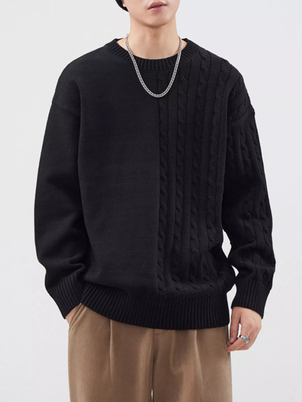 Cable Knit Long Sleeve Sweater Plus Size in Light Apricot for Men