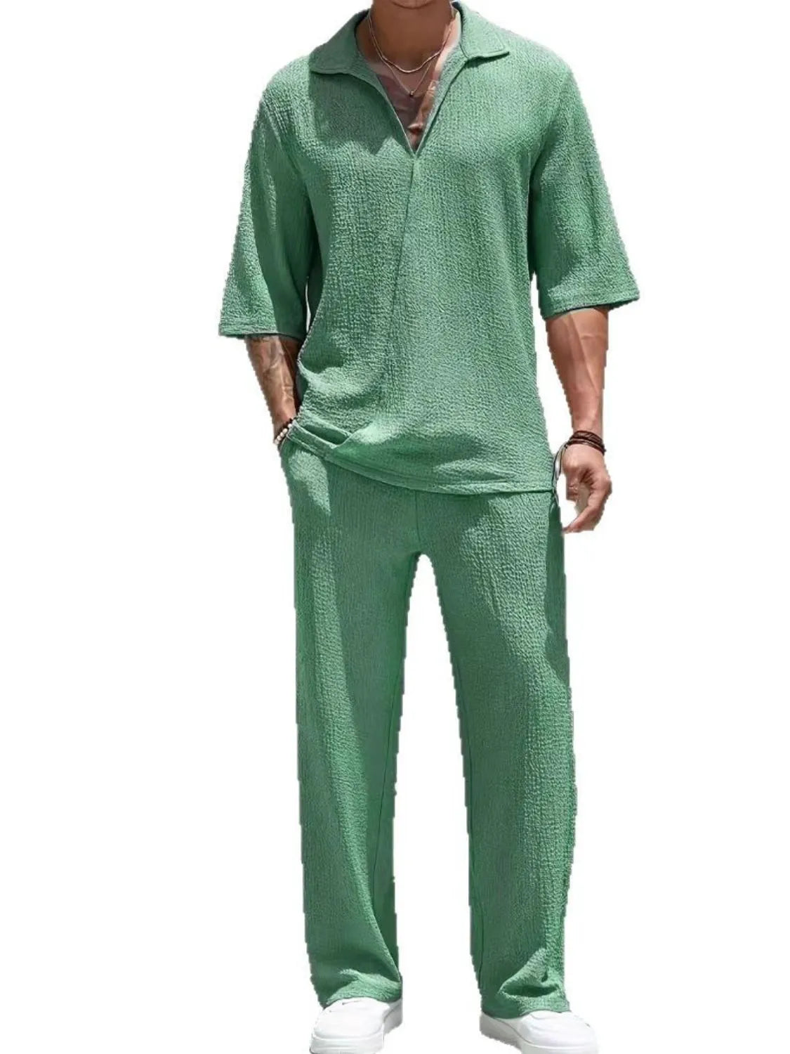 Johnny Collar Half Sleeve Top and Pants Set in Royal Blue for Men