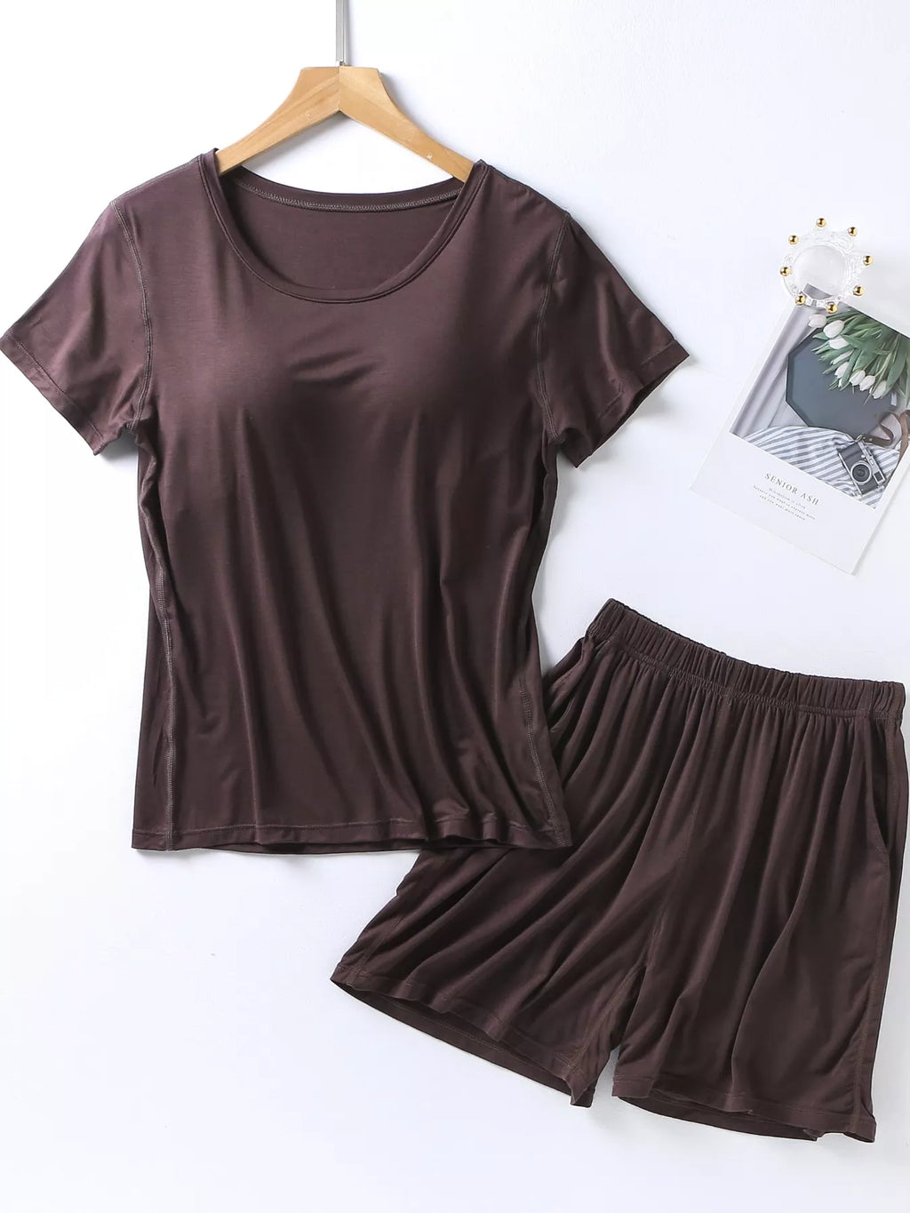 Plus Size Padded Round Neck Modal T-Shirt and Shorts Set in Heather Gray for Women