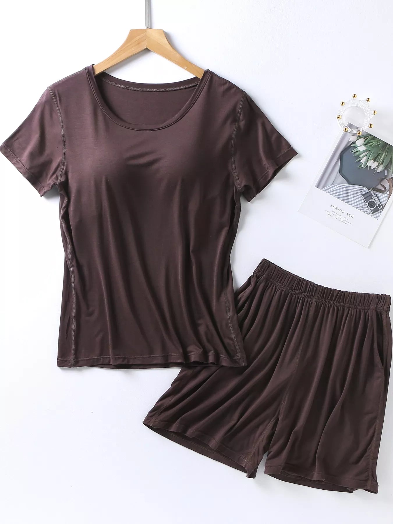 Plus Size Padded Round Neck Modal T-Shirt and Shorts Set in Heather Gray for Women