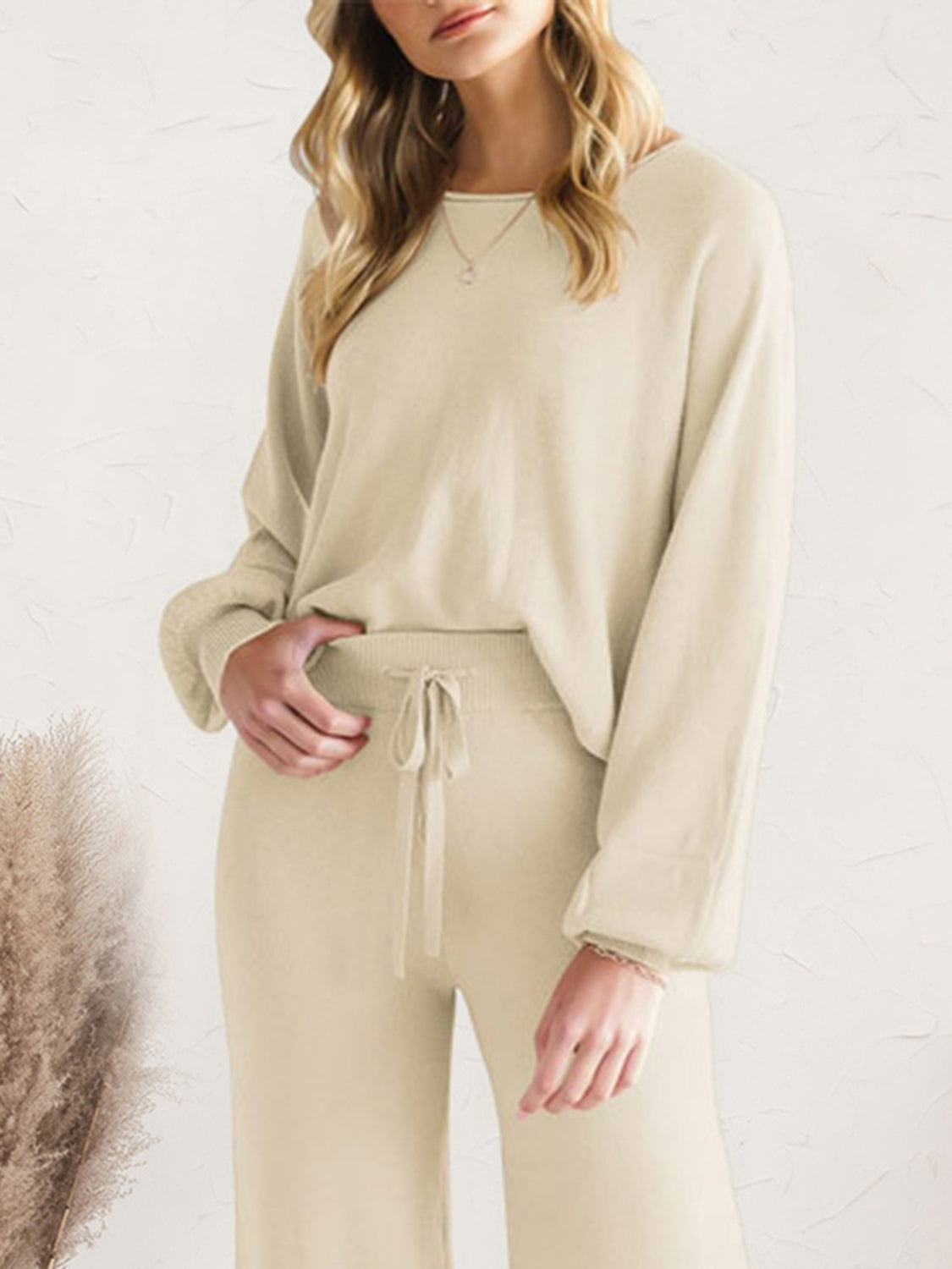 Long Sleeve Lounge Top and Drawstring Pants Set in Caramel for Women