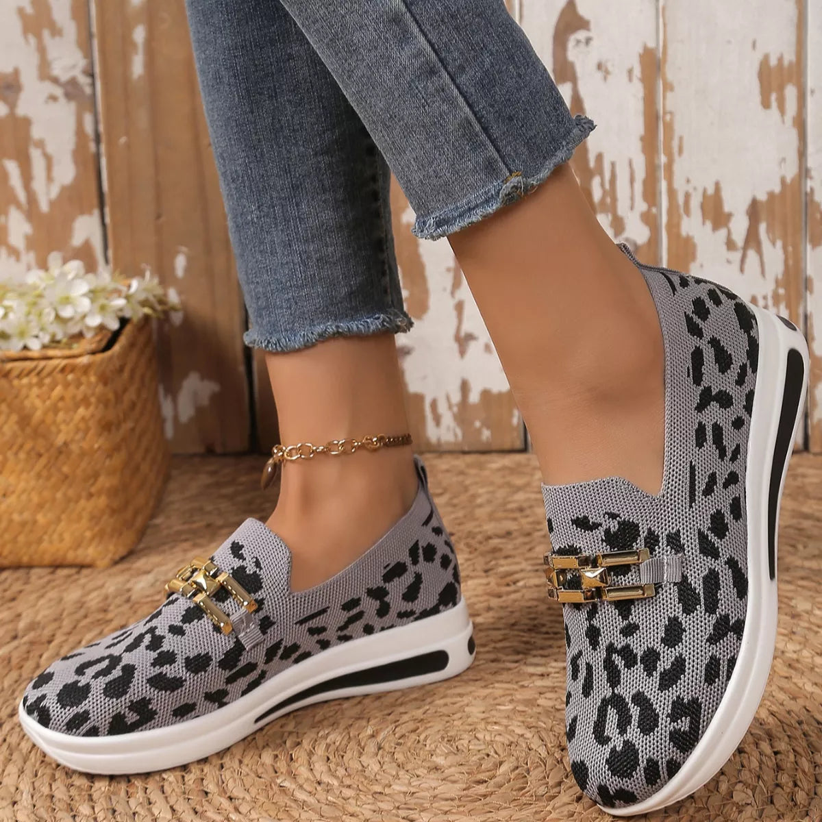 Leopard Round Toe Slip-Ons in Red Leopard Print for Women