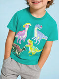 Dinosaur Print Crew Neck Short Sleeve T-Shirt in Turquoise for Boys