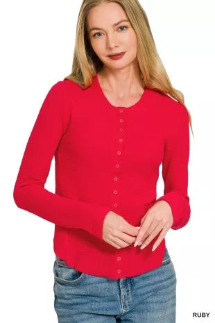 Double Knit Snap Button Shirts in Ruby for Women