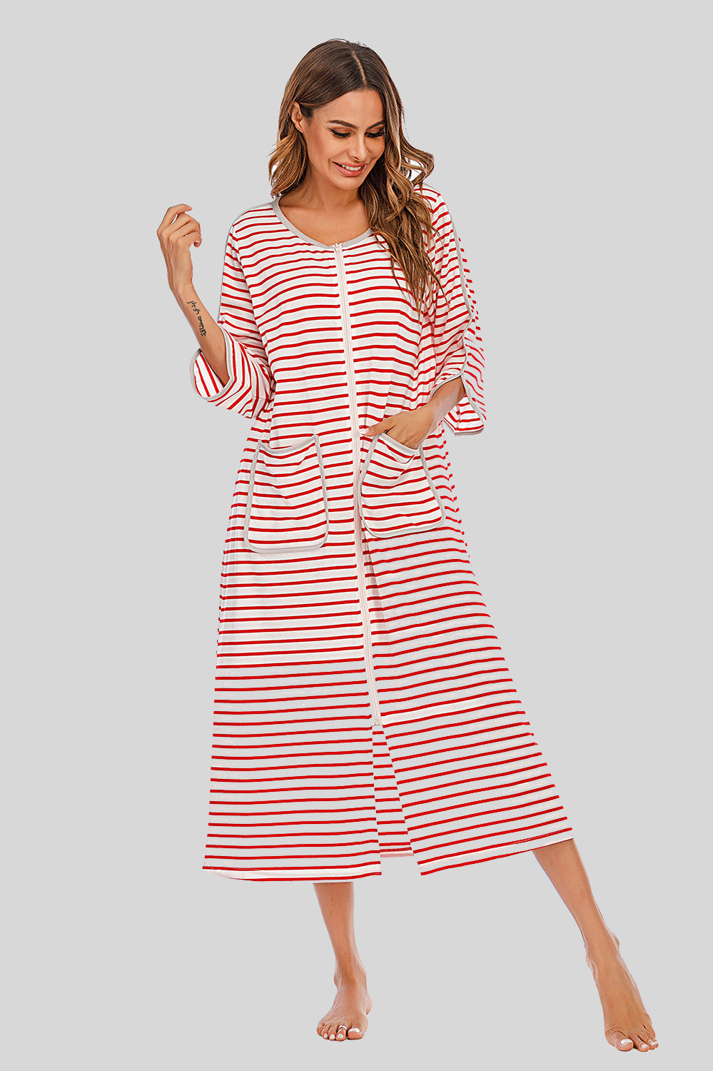 Round Neck Three-Quarter Sleeve Midi Night Dress in Deep Red for Women