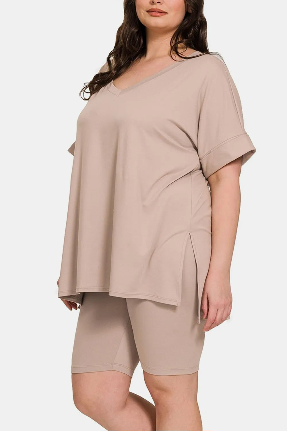 Plus Size V-Neck Short Sleeve Slit T-Shirt and Shorts Set in Mocha for Women