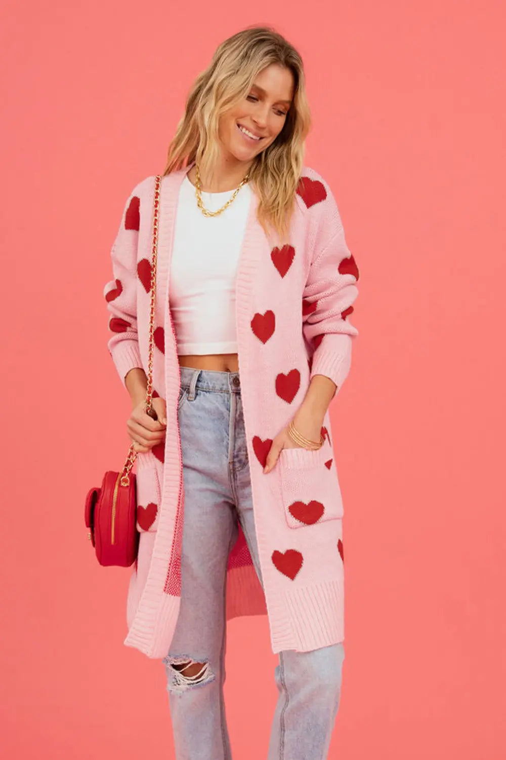 Heart Graphic Open Front Cardigan with Pockets in Blush Pink for Women