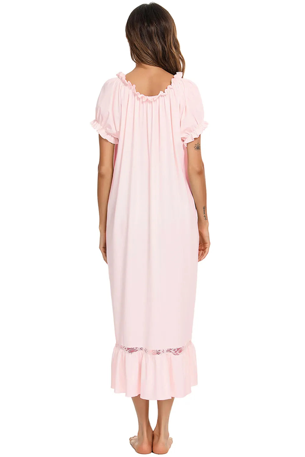 Lace Detail Short Sleeve Lounge Dress in Blush Pink for Women