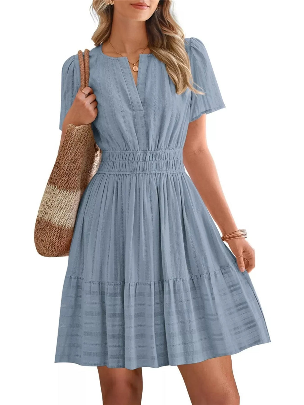 Short Sleeve Smocked Waist Tiered Dress in Light Blue for Women