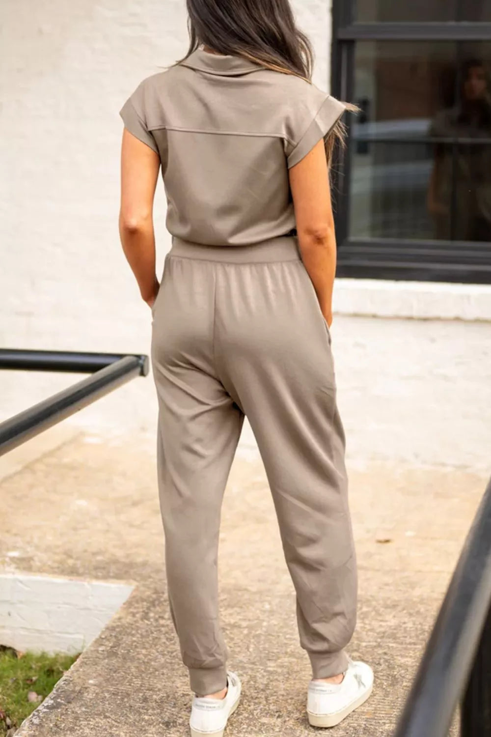 Solid Color Zip Front Short Sleeve Collared Jumpsuit in Mocha for Women