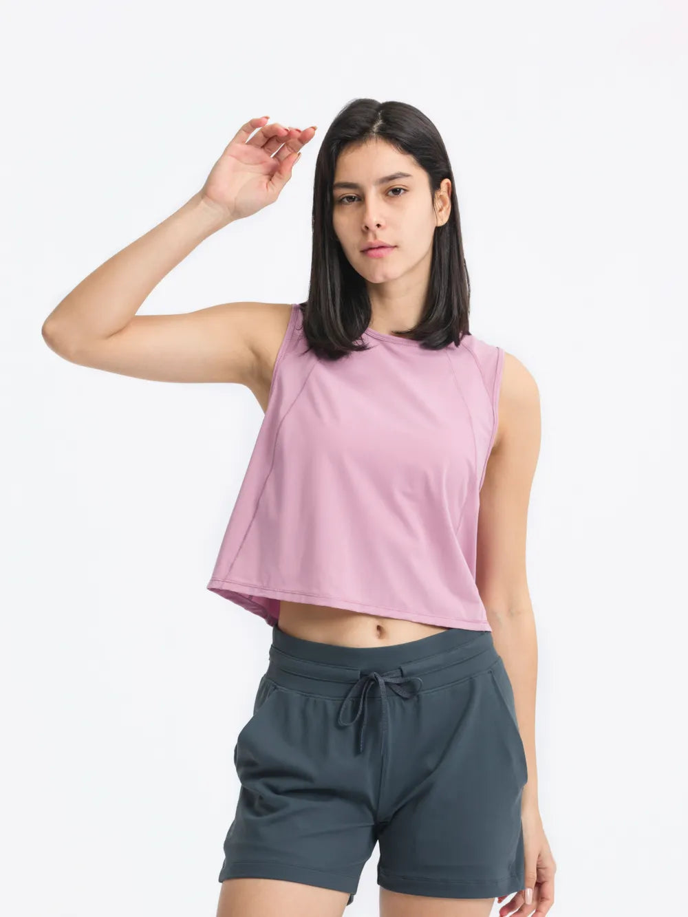 Round Neck Cropped Active Tank in Light Gray for Women