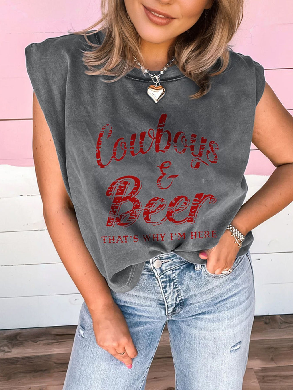 Cowboy & Beer Western Graphic Mineral Wash Tank Top in Dark Gray for Women