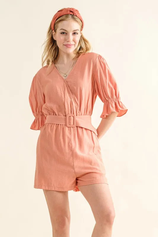 Flounce Sleeves Romper with Belt in Dusty Clay for Women