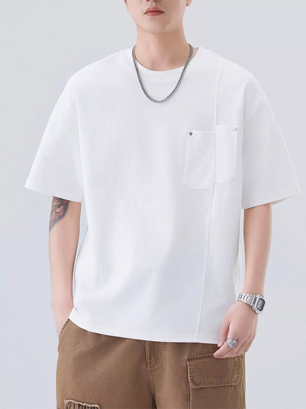 Plus Size Round Neck Short Sleeve T-Shirt in White in Brown for Men
