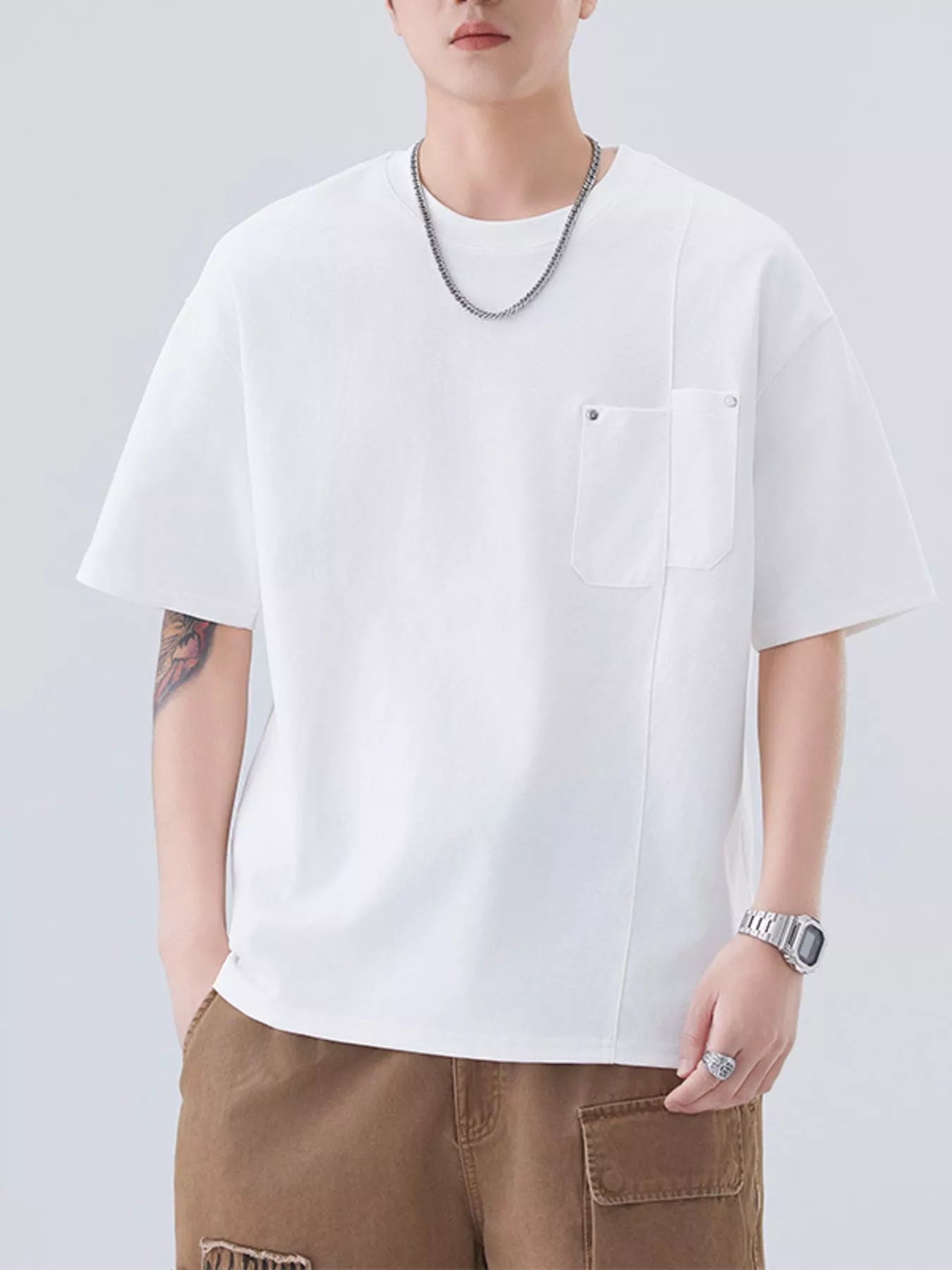 Plus Size Round Neck Short Sleeve T-Shirt in White in Brown for Men