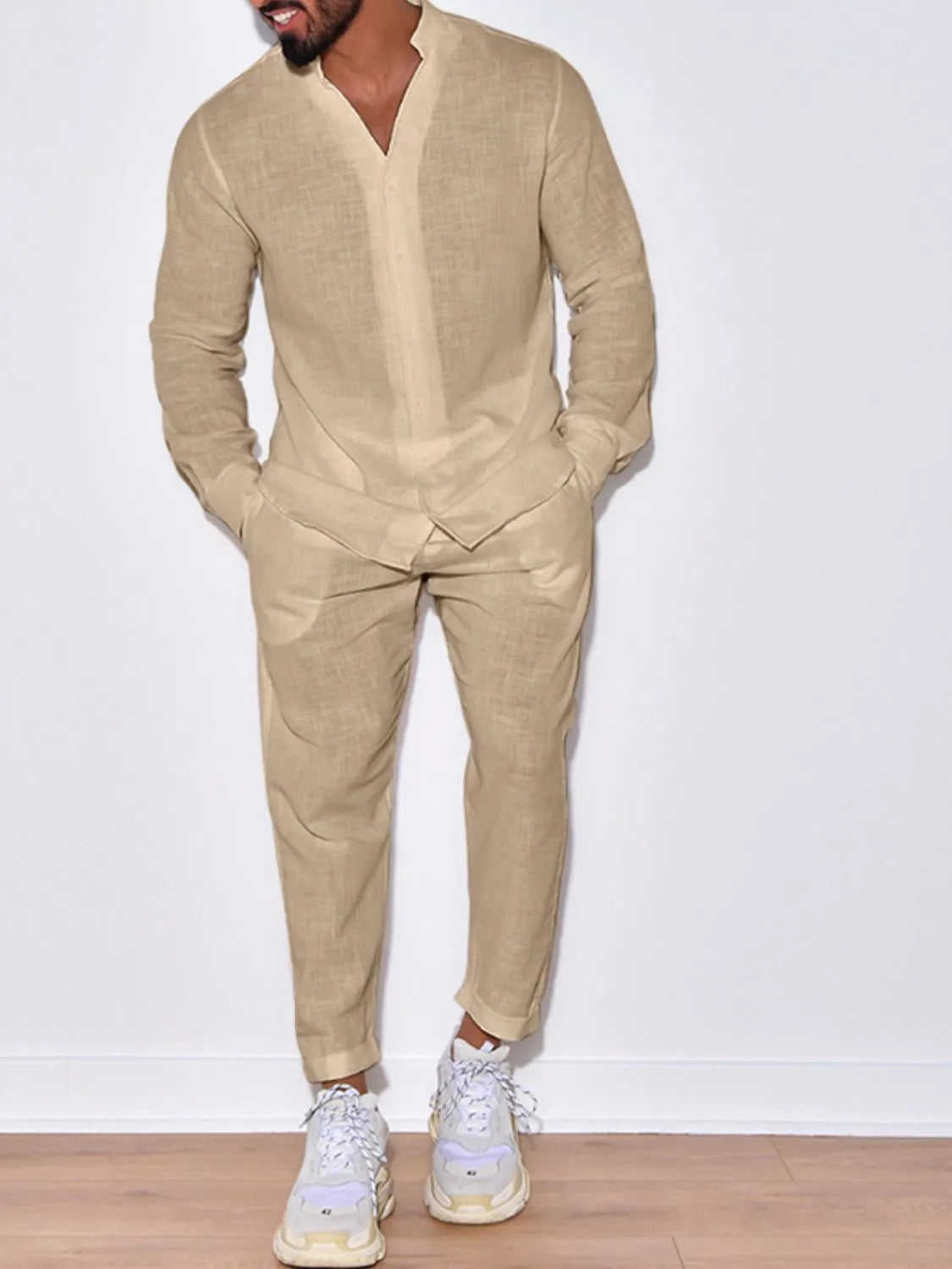 Button Up Long Sleeve Top and Pants Set in Beige for Men