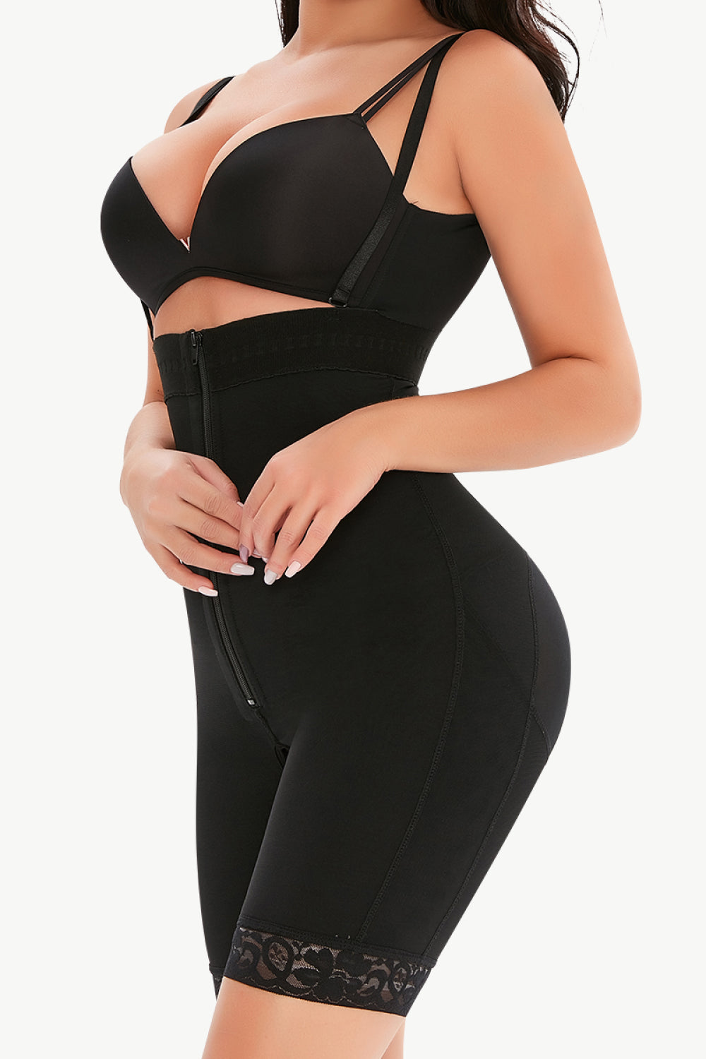 Plus Size Lace Detail Zip-Up Under-Bust Shaping Bodysuit in Black for Women
