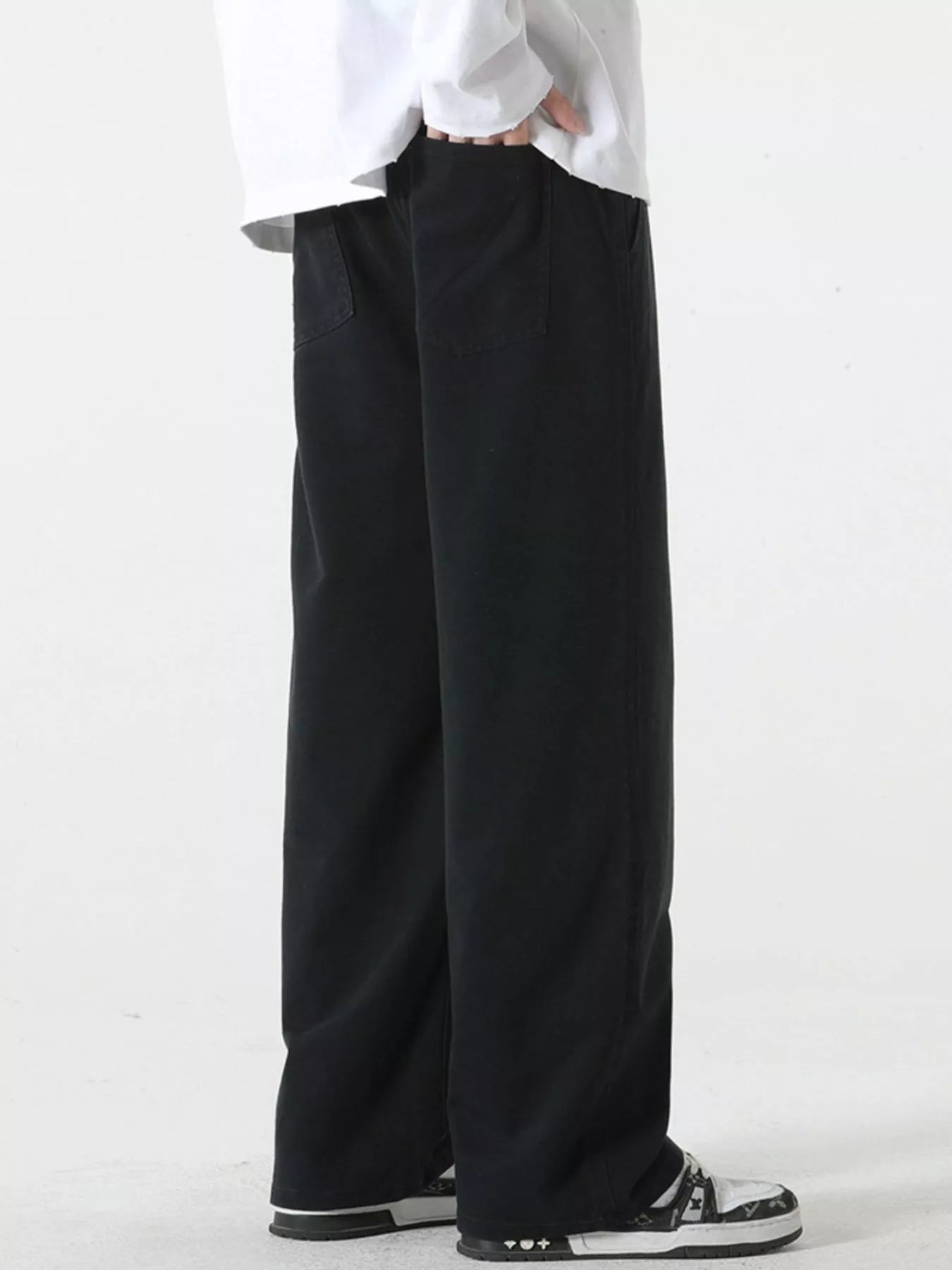 Relaxed Fit Drawstring Pants Plus Size in Black for Men
