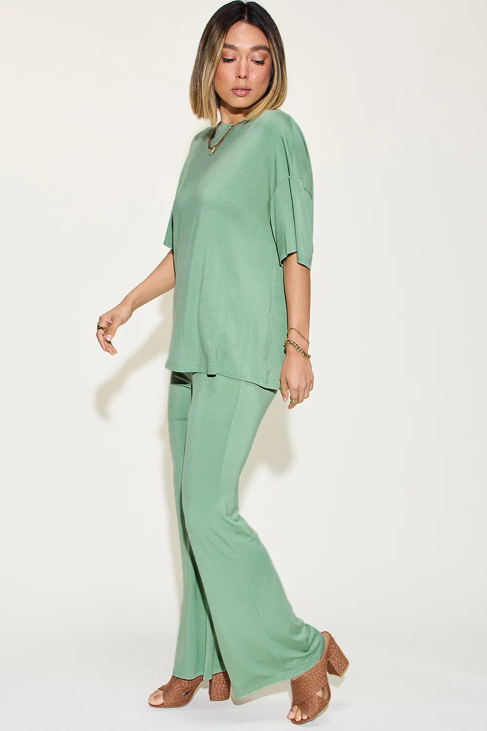 Plus Size Bamboo Drop Shoulder T-Shirt and Flare Pants Set in Sage for Women